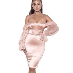 NWT Miss Circle NY Satin Corset Midi Dress Off Shoulder Blush Pink XS Coquette
